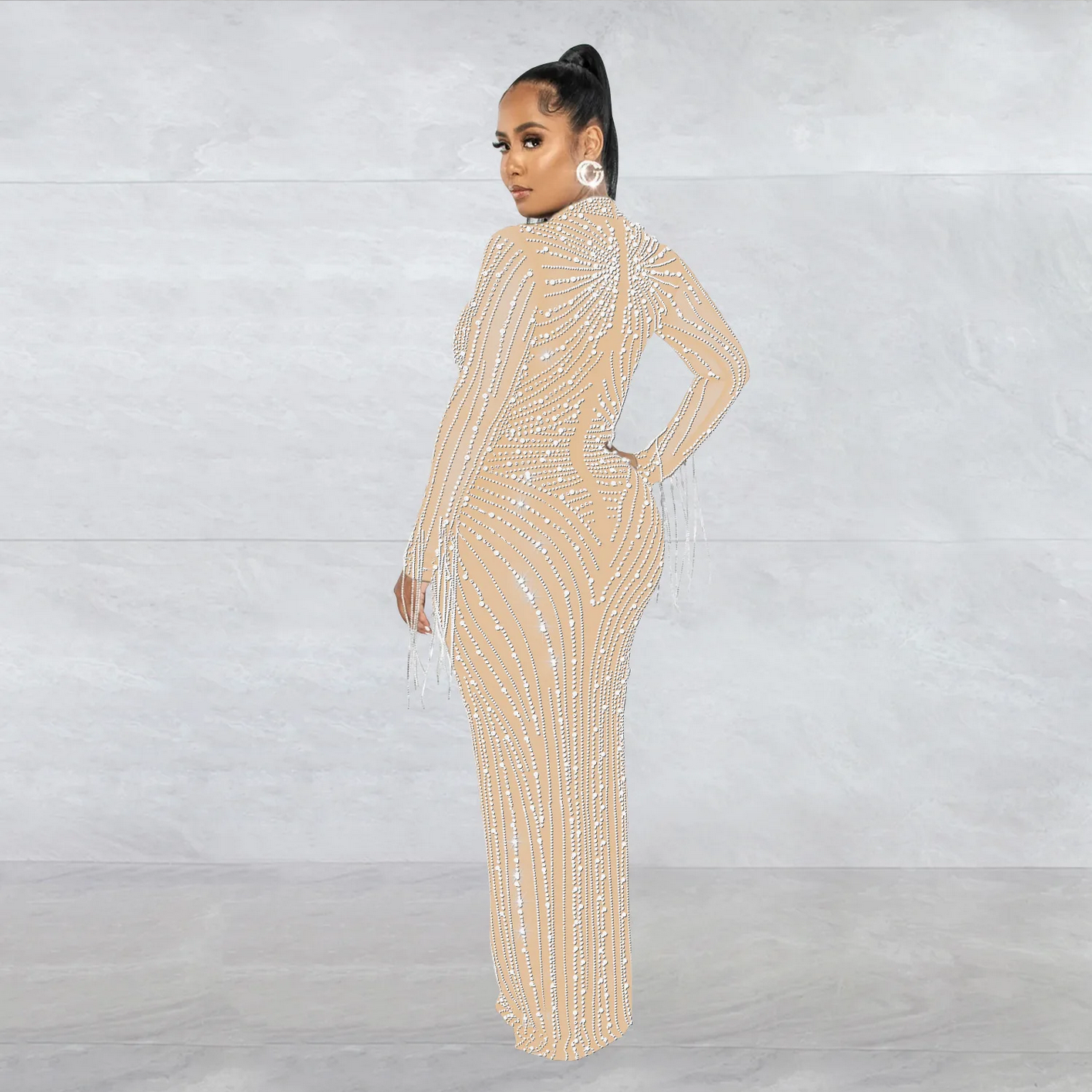 Mesh Tassel Long Sleeve Rhinestones Bodycon Midi Maxi Long Dress