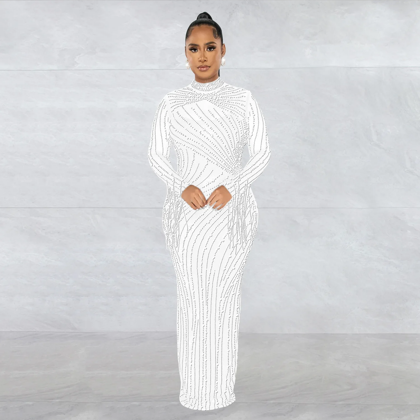 Mesh Tassel Long Sleeve Rhinestones Bodycon Midi Maxi Long Dress