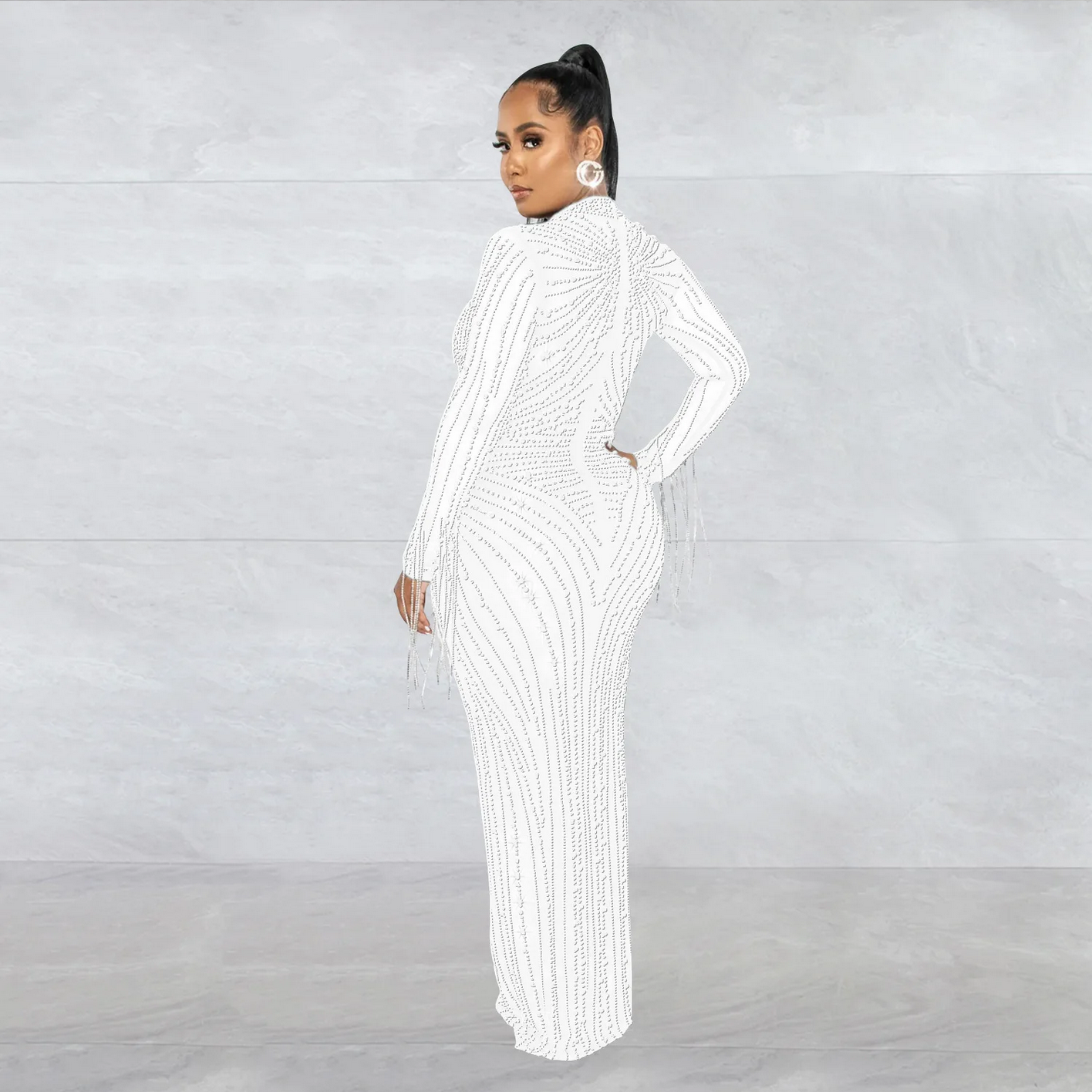 Mesh Tassel Long Sleeve Rhinestones Bodycon Midi Maxi Long Dress