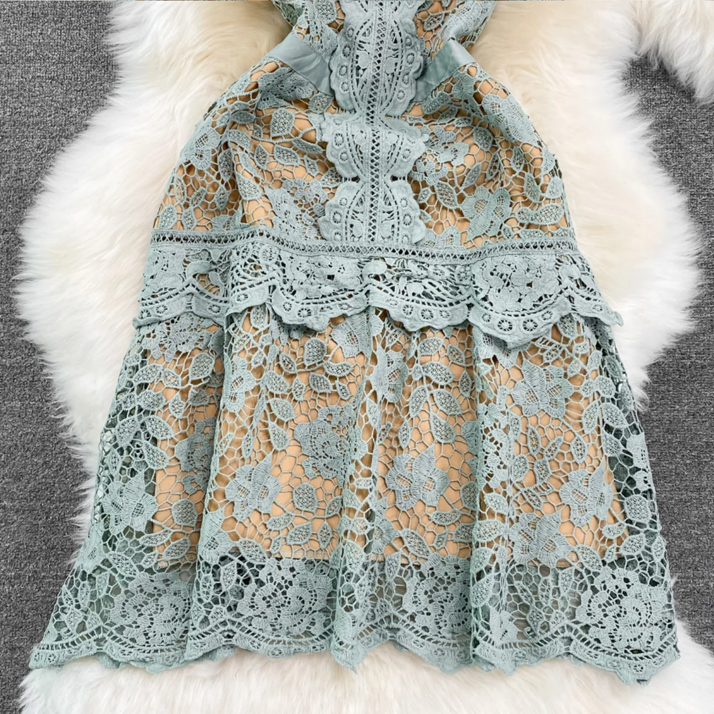 Hollow Out Crochet Casual O-neck High Waist A-line Sleeveless Dresses
