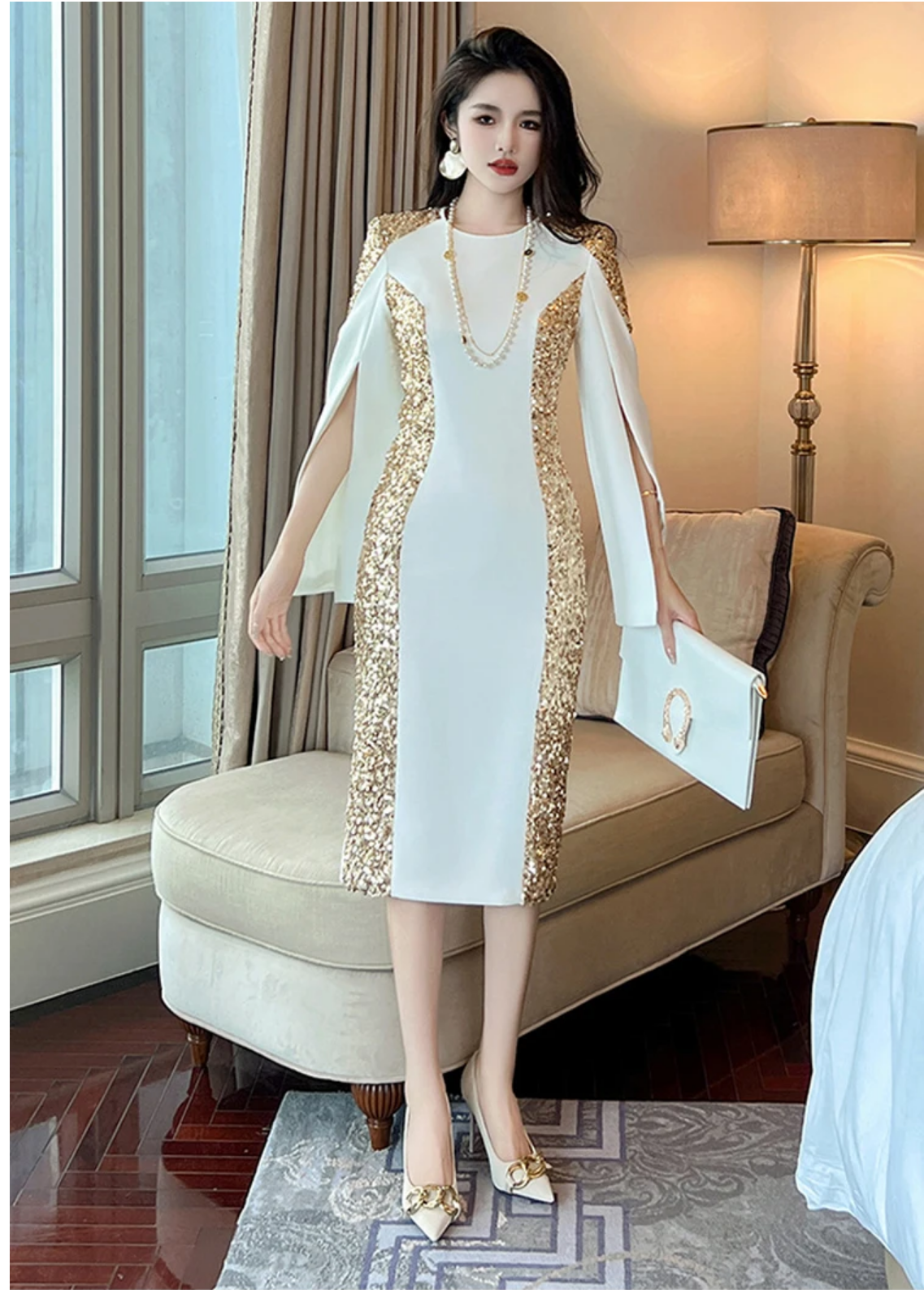 2023 Luxury Style Gold Sequins White Slim Dress