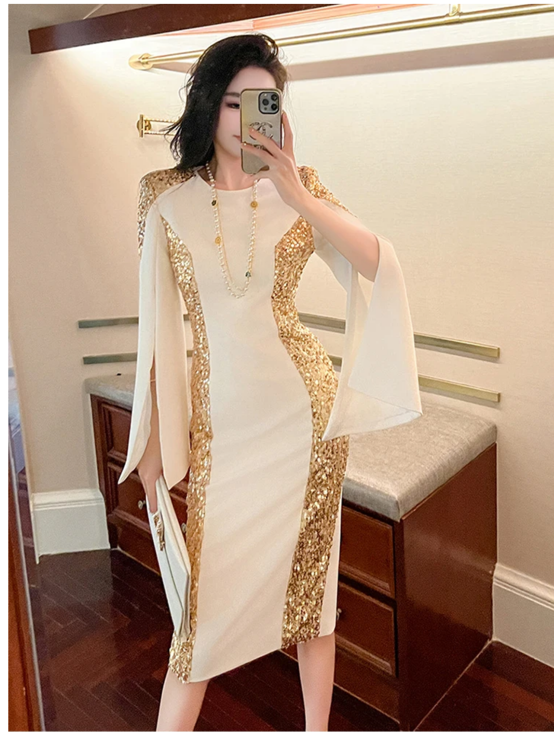 2023 Luxury Style Gold Sequins White Slim Dress