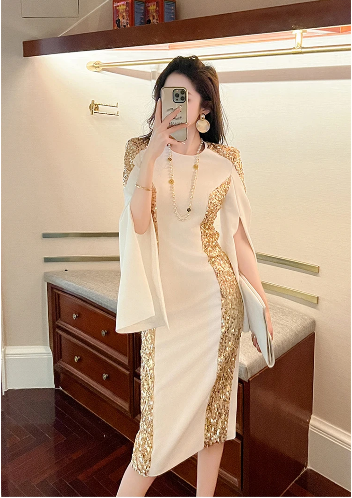 2023 Luxury Style Gold Sequins White Slim Dress
