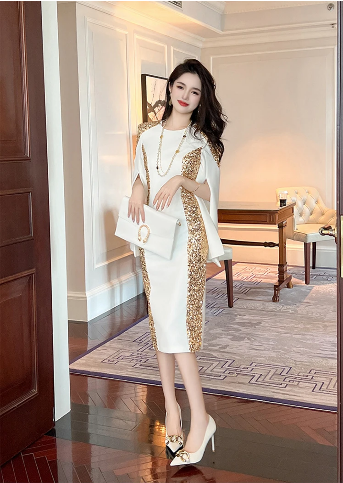 2023 Luxury Style Gold Sequins White Slim Dress