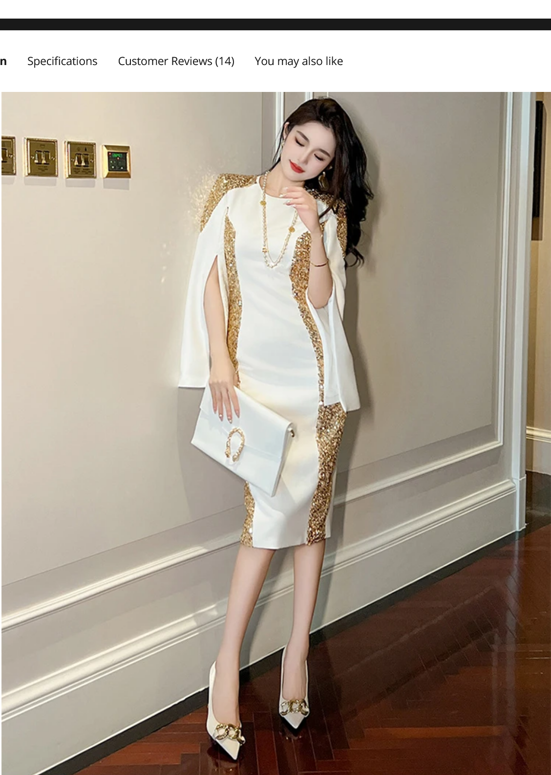 2023 Luxury Style Gold Sequins White Slim Dress