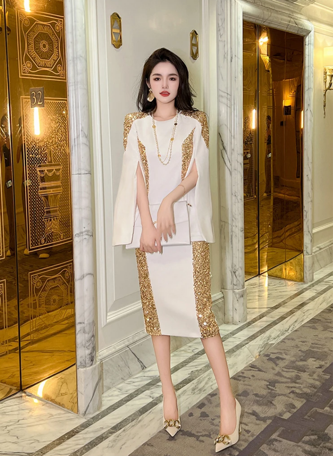 2023 Luxury Style Gold Sequins White Slim Dress