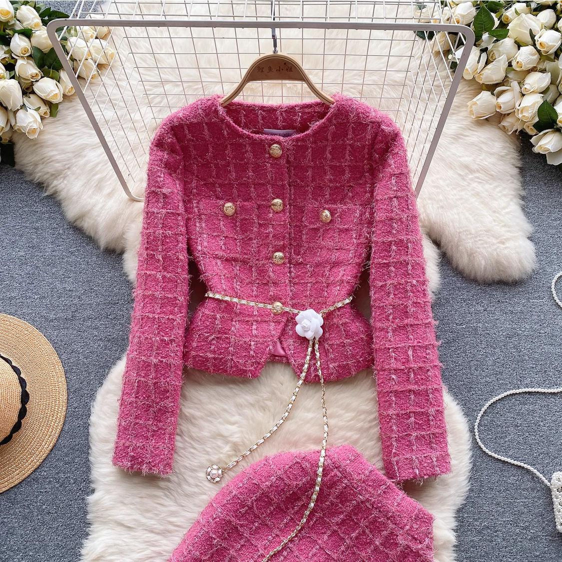 Autumn Winter Woolen Tweed Blazer Short Jacket Coat + Midi Pencil Skirt Suits