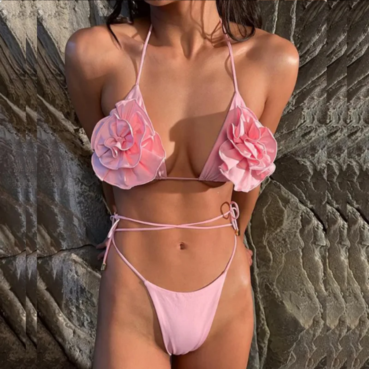 2024 Sexy 3D Flower Halter Neck Lace Up Brazilian Thong Bikinis