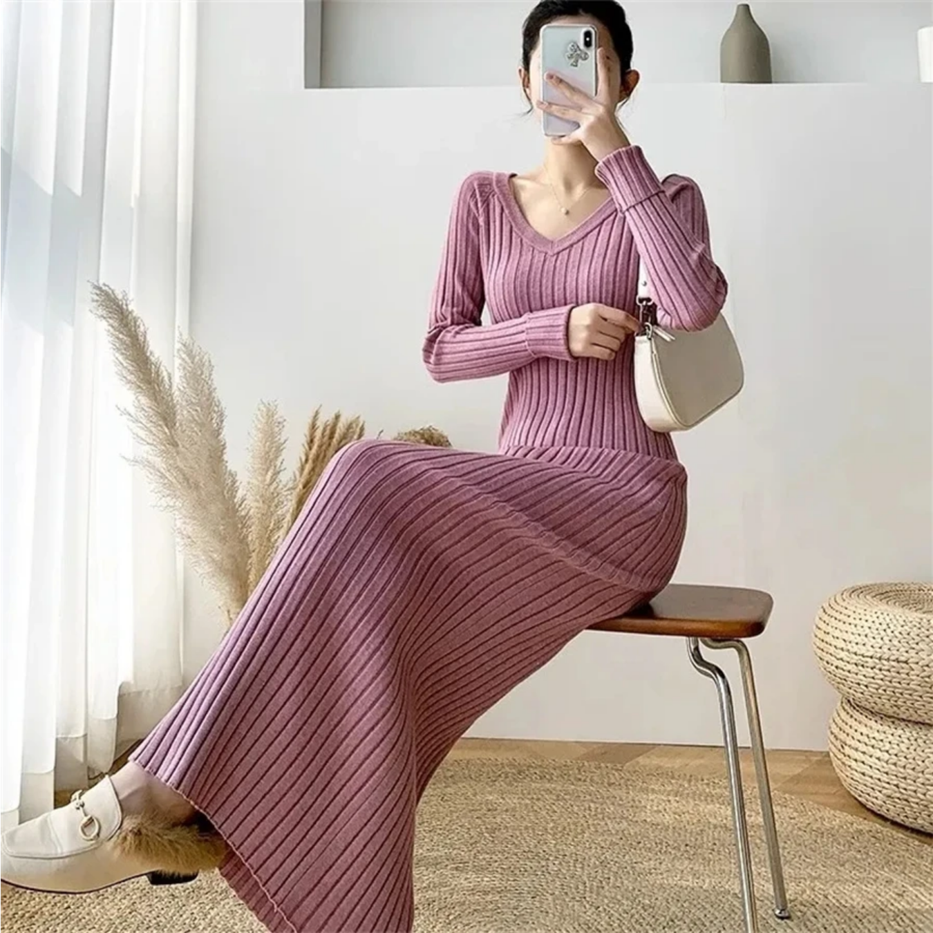 Spring Soft Knitwear V-neck Slim Long Knitted Dress