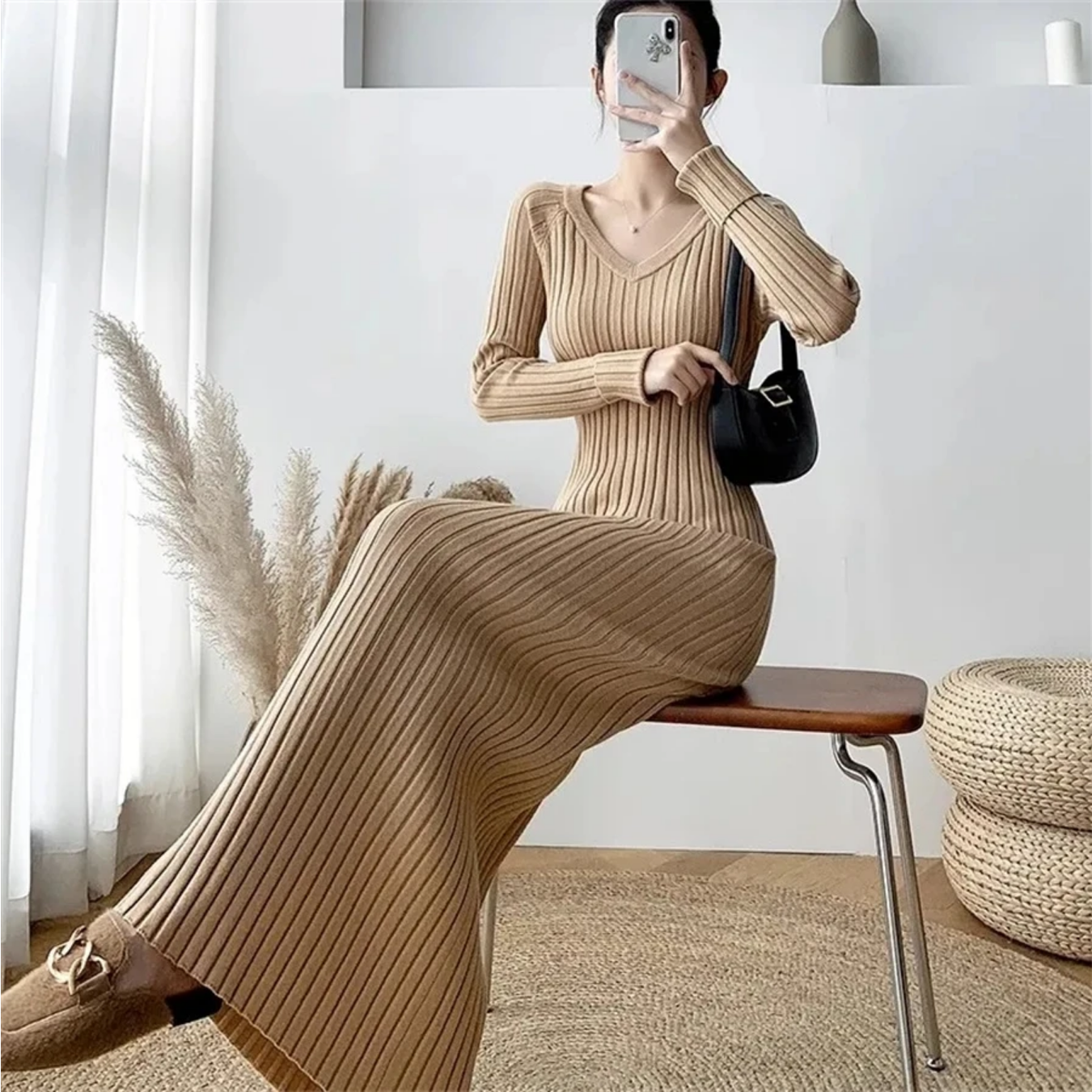 Spring Soft Knitwear V-neck Slim Long Knitted Dress