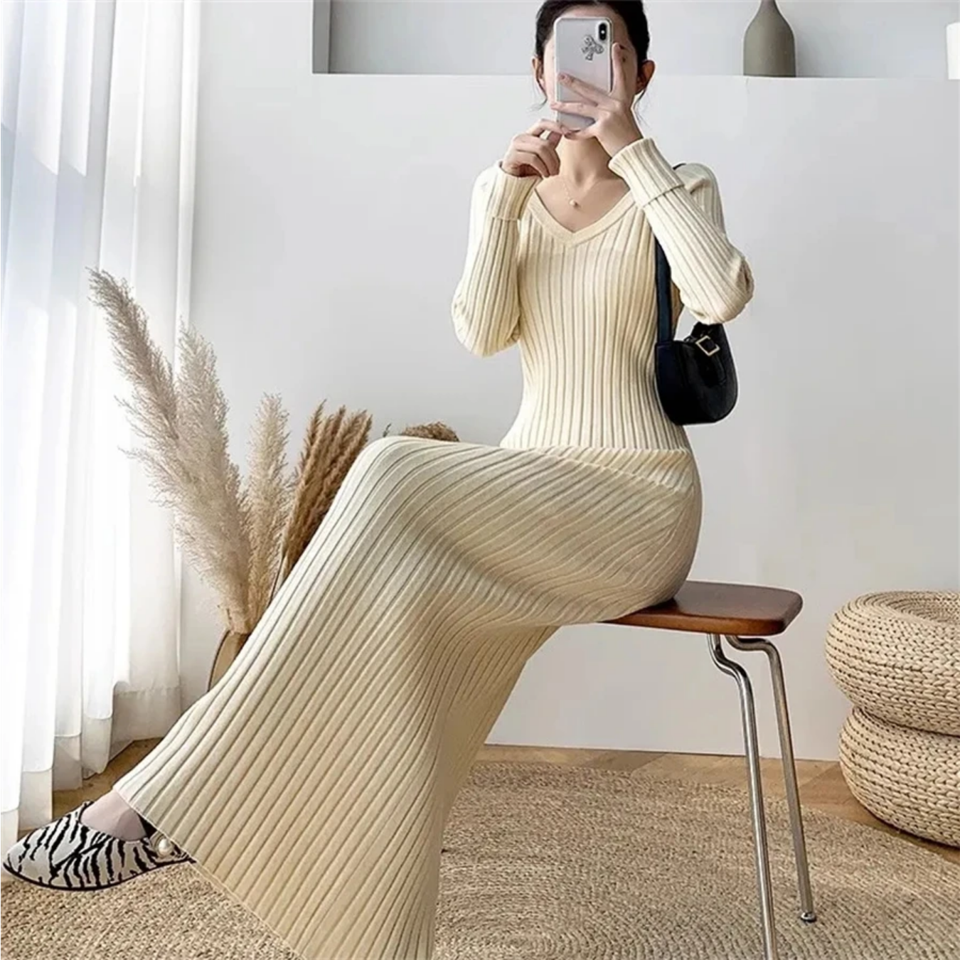 Spring Soft Knitwear V-neck Slim Long Knitted Dress