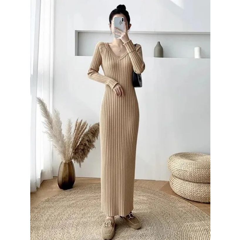 Spring Soft Knitwear V-neck Slim Long Knitted Dress