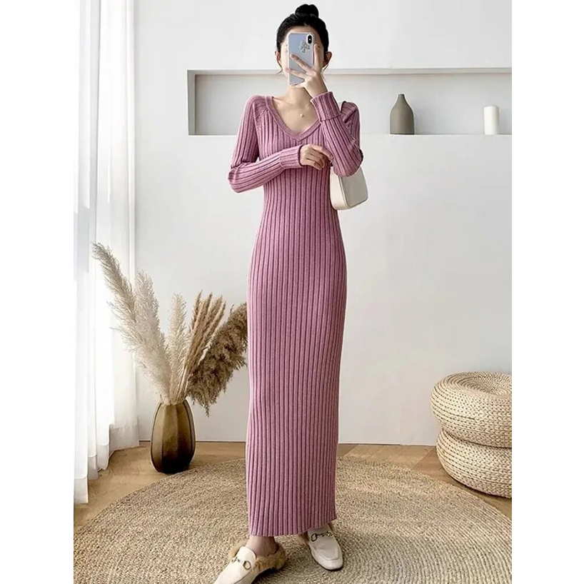 Spring Soft Knitwear V-neck Slim Long Knitted Dress