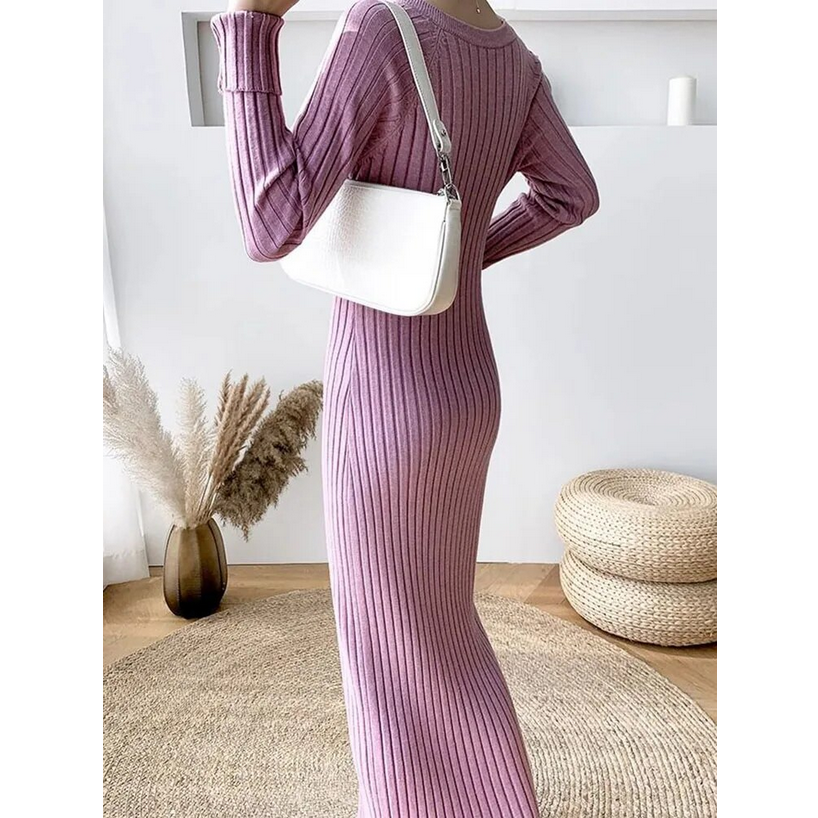 Spring Soft Knitwear V-neck Slim Long Knitted Dress