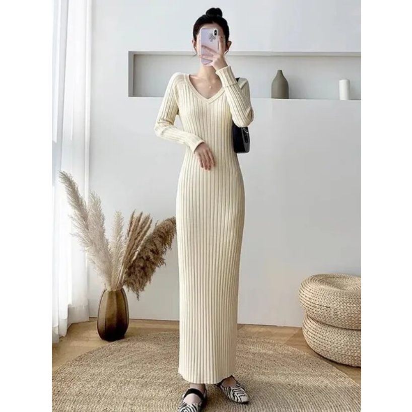 Spring Soft Knitwear V-neck Slim Long Knitted Dress