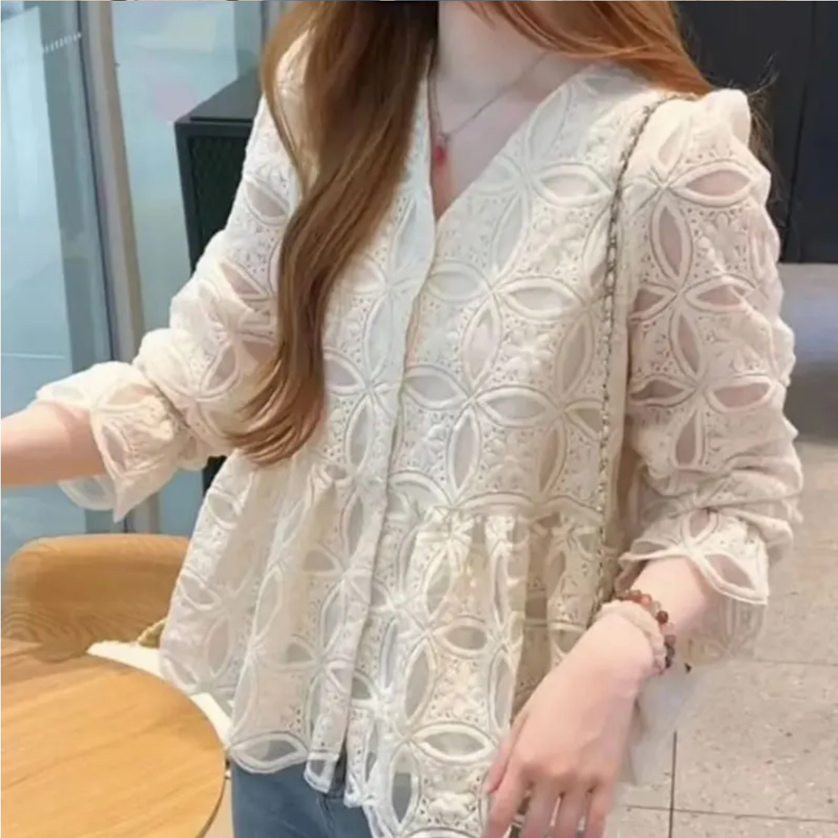 Spring Summer Fashion Hollow Out Nine Quarter Sleeve Blouse