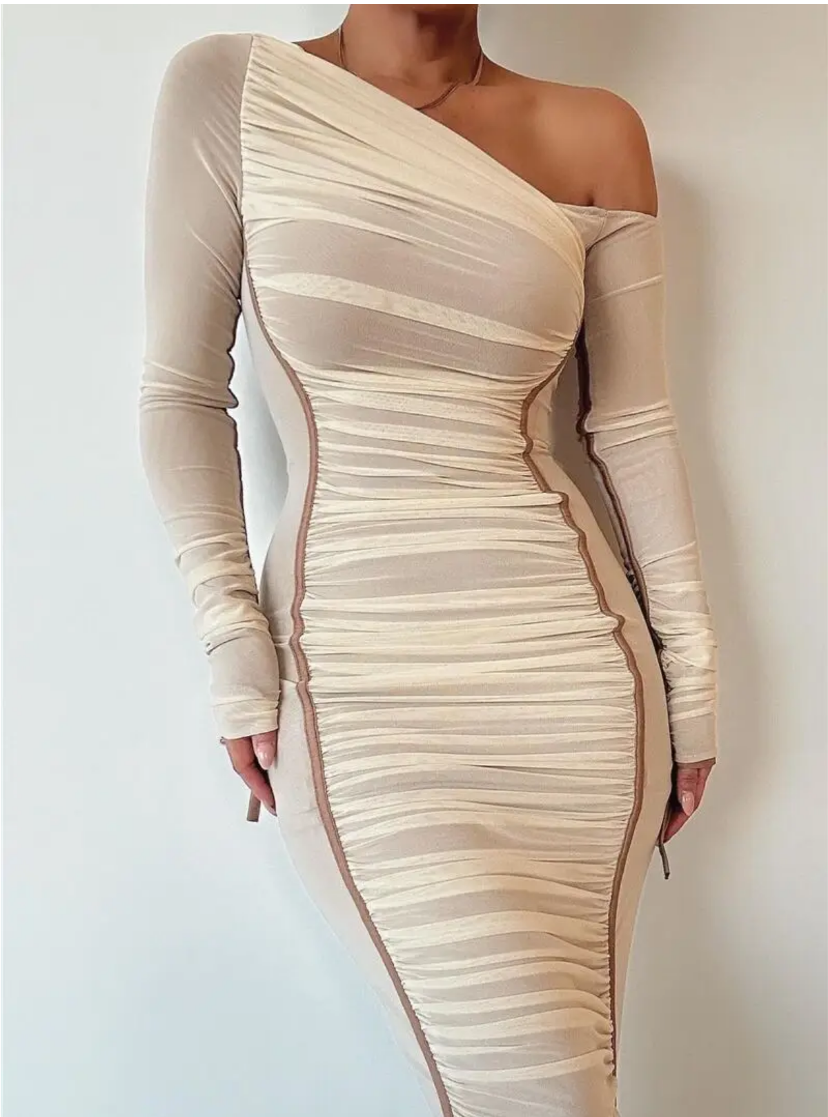 Diagonal Collar Long Sleeve Two Layer Mesh Backless Ruched Bodycon Dress