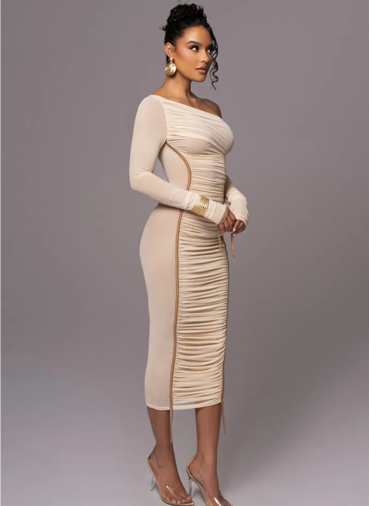 Diagonal Collar Long Sleeve Two Layer Mesh Backless Ruched Bodycon Dress