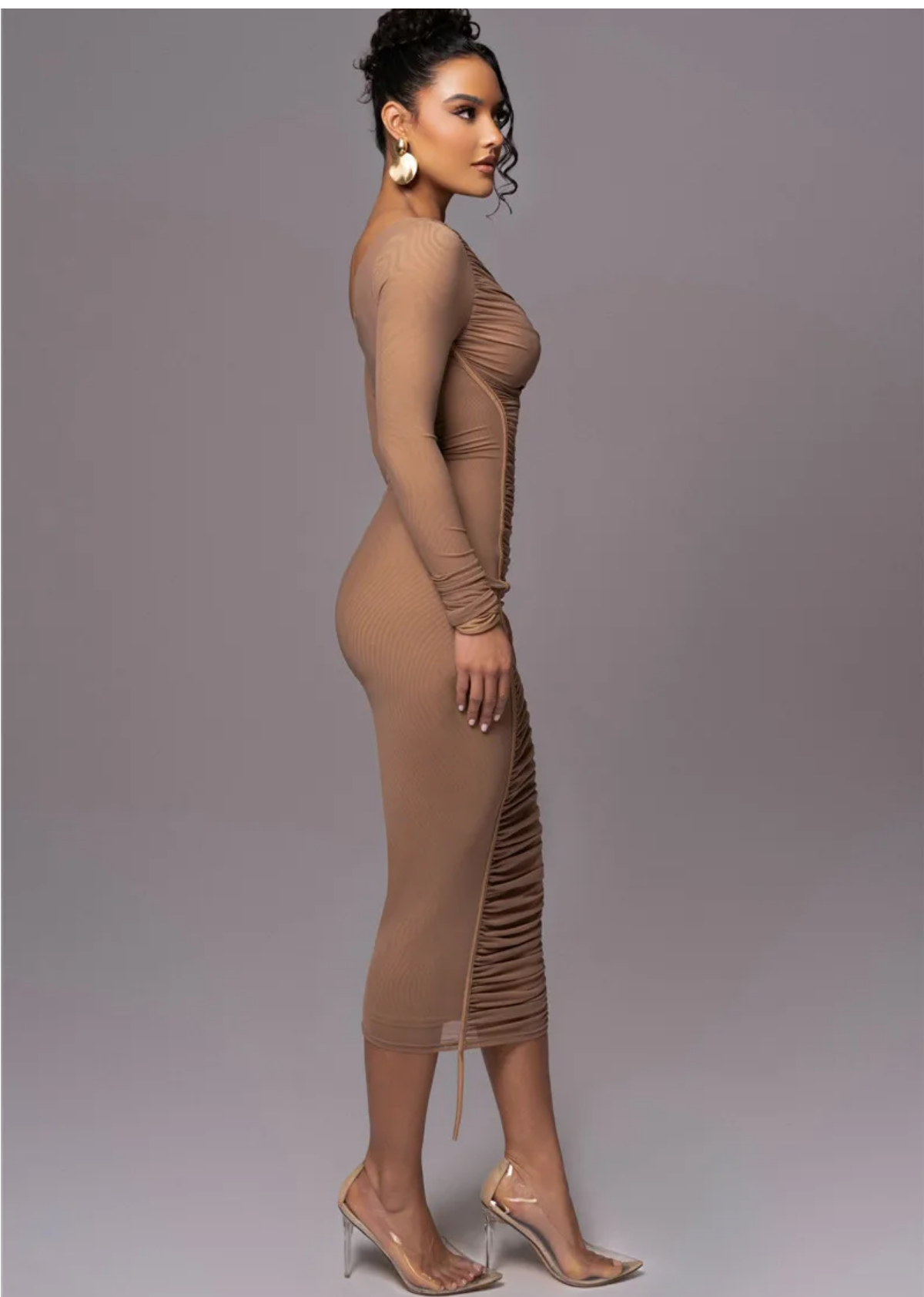 Diagonal Collar Long Sleeve Two Layer Mesh Backless Ruched Bodycon Dress