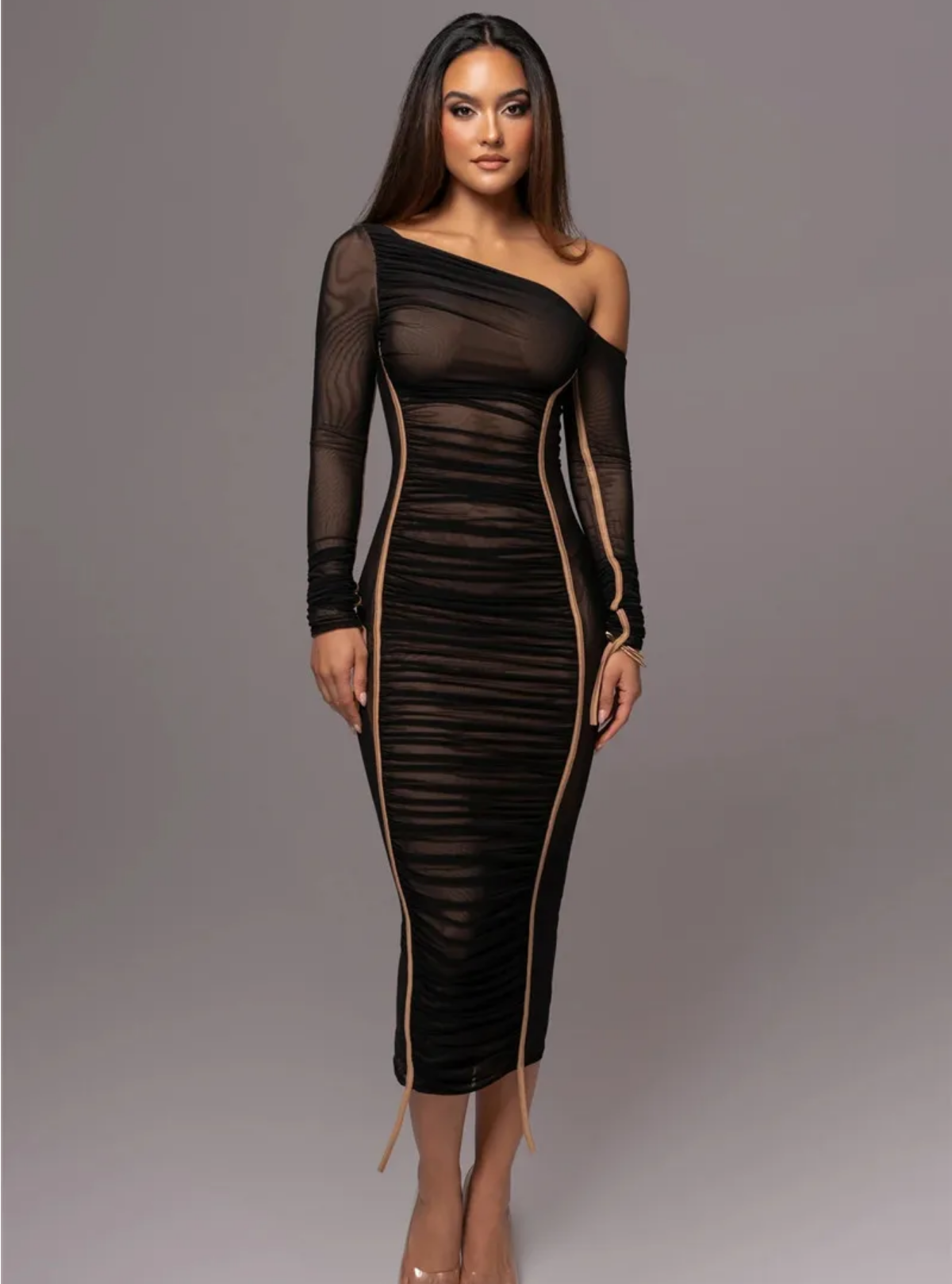 Diagonal Collar Long Sleeve Two Layer Mesh Backless Ruched Bodycon Dress