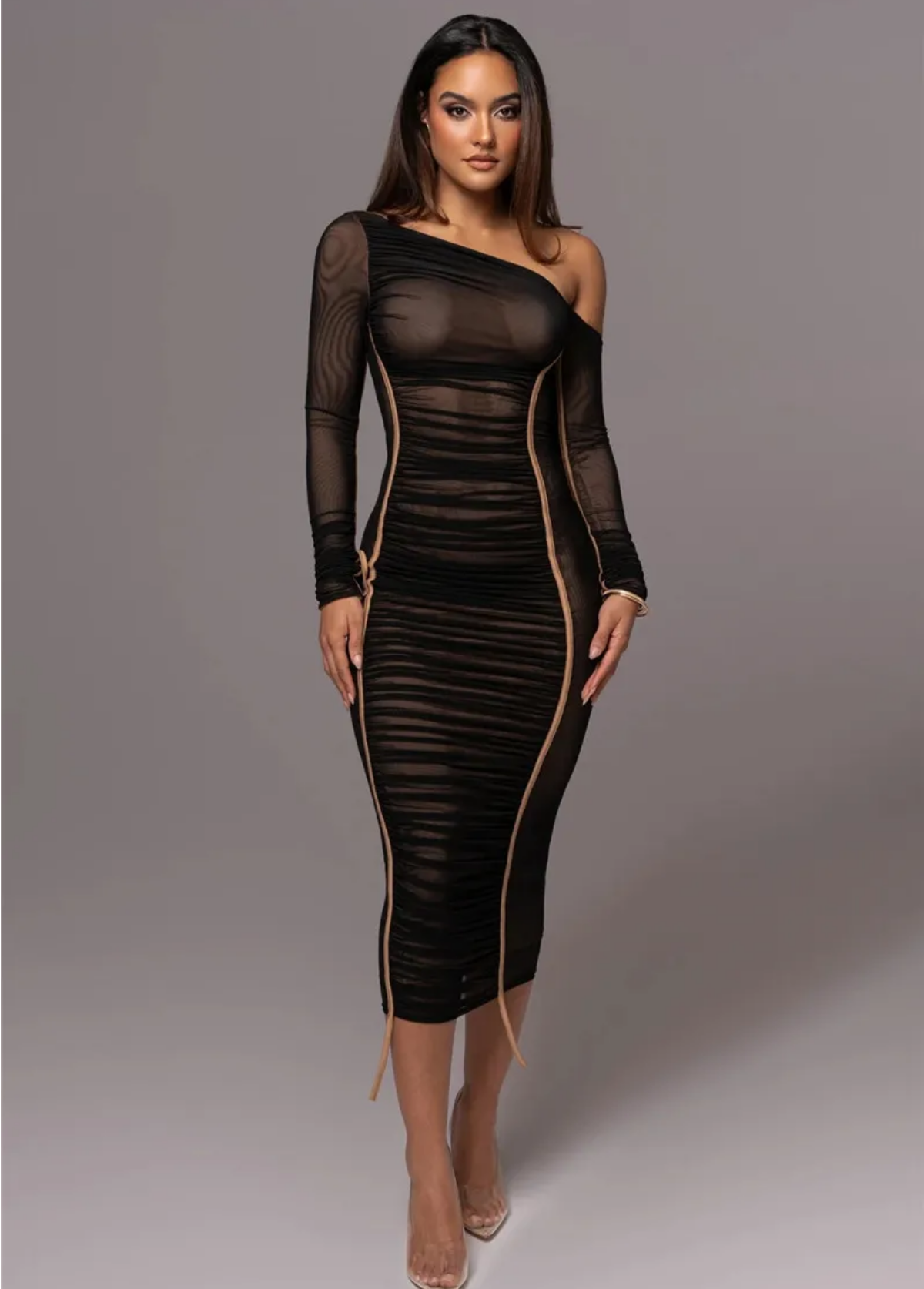 Diagonal Collar Long Sleeve Two Layer Mesh Backless Ruched Bodycon Dress