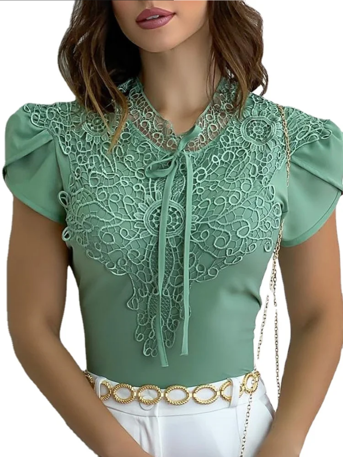Chic Green Round Neck Lace-Up Lace Short Sleeves Blouse