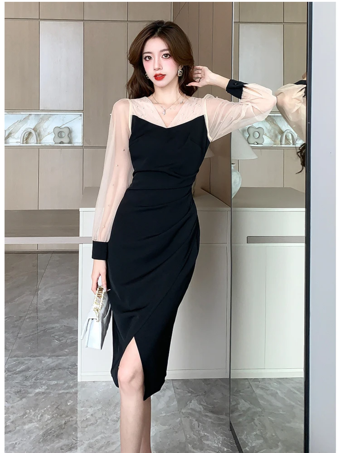 2024 Spring Korean Style V-neck Beading Patchwork Color Pencil Dress