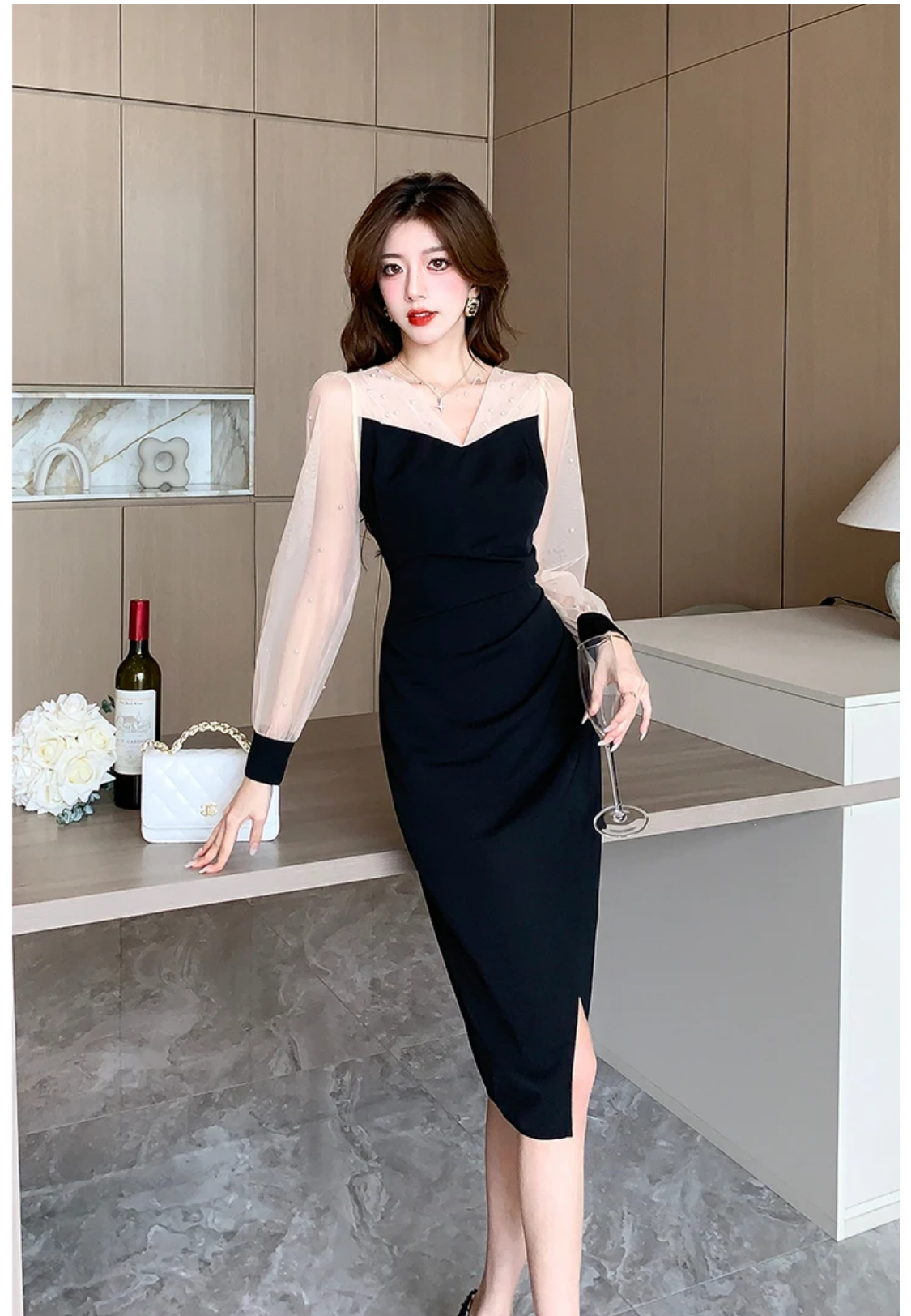 2024 Spring Korean Style V-neck Beading Patchwork Color Pencil Dress