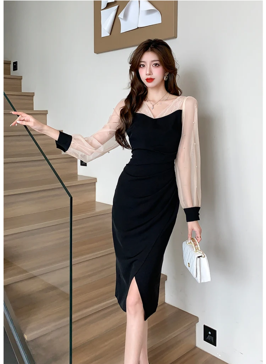 2024 Spring Korean Style V-neck Beading Patchwork Color Pencil Dress