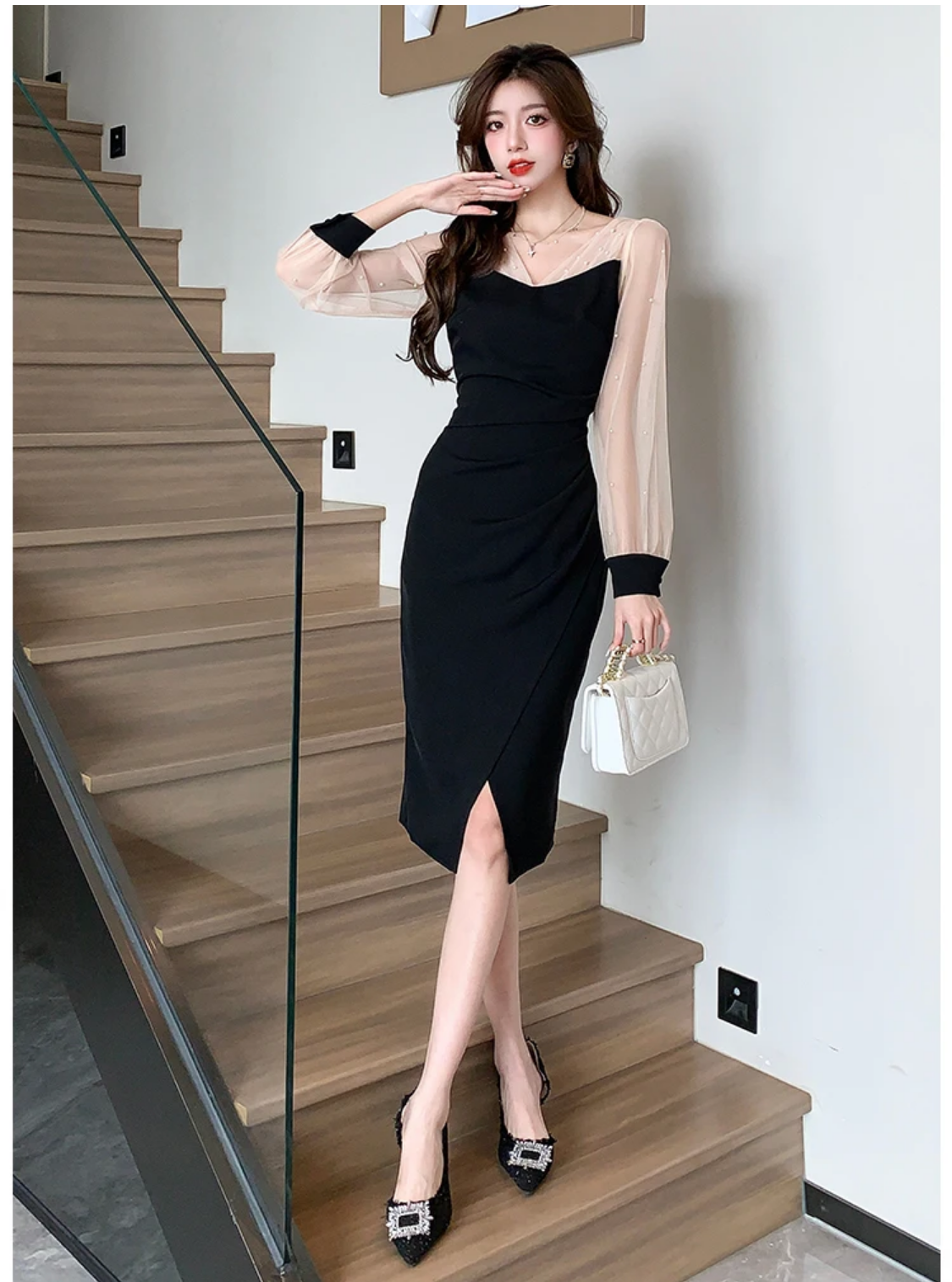 2024 Spring Korean Style V-neck Beading Patchwork Color Pencil Dress