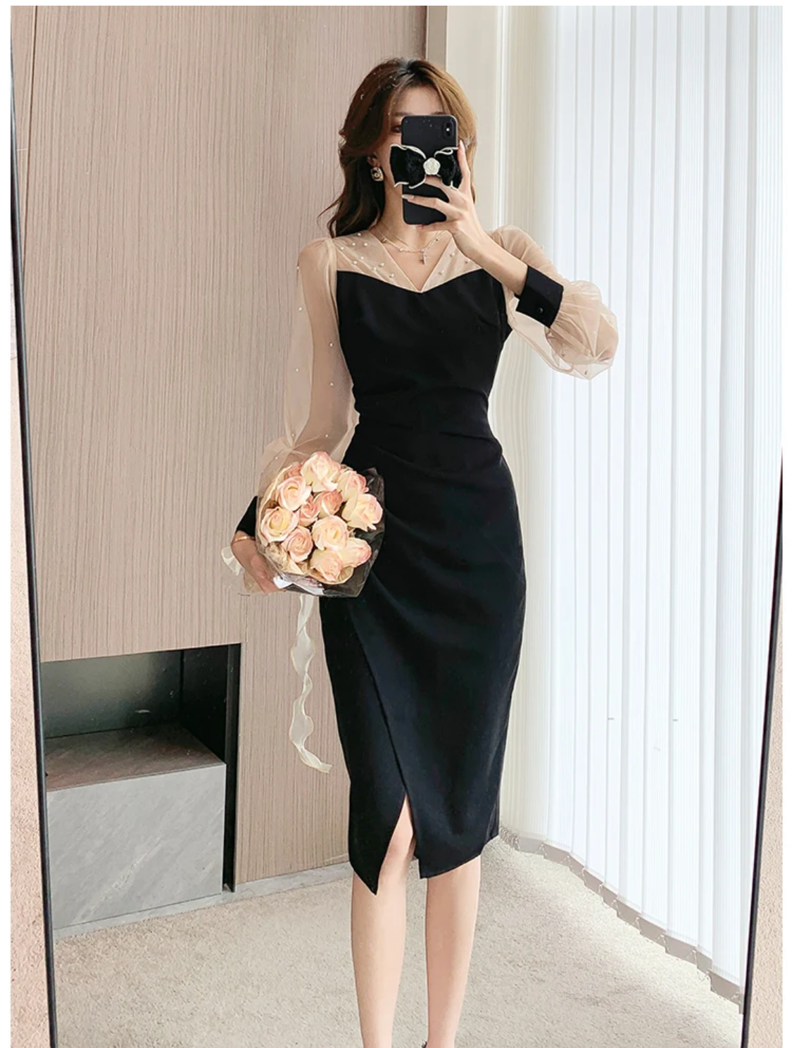 2024 Spring Korean Style V-neck Beading Patchwork Color Pencil Dress