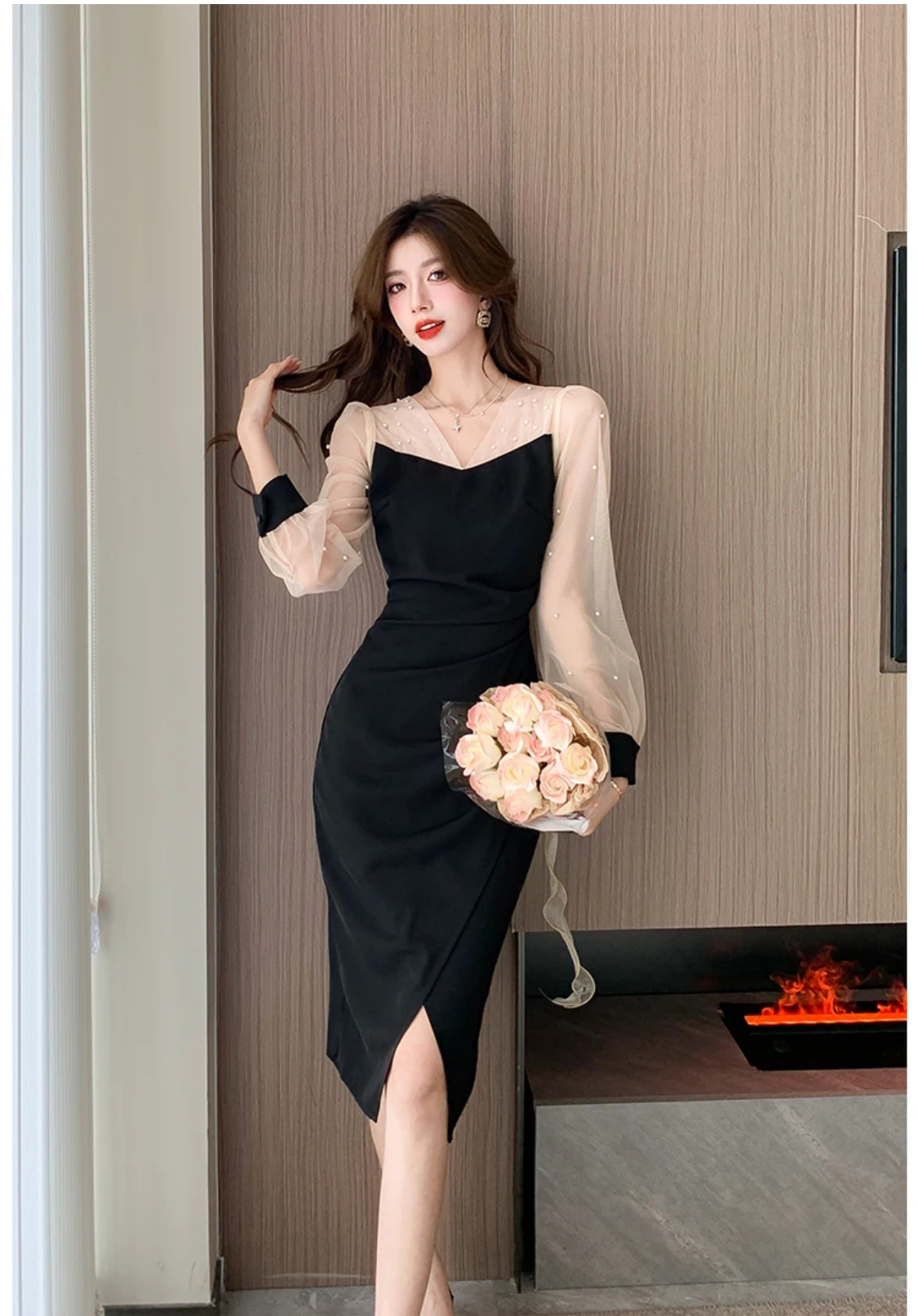 2024 Spring Korean Style V-neck Beading Patchwork Color Pencil Dress