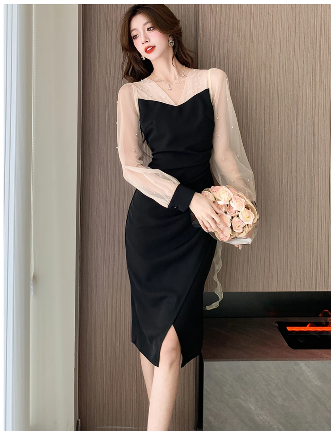 2024 Spring Korean Style V-neck Beading Patchwork Color Pencil Dress