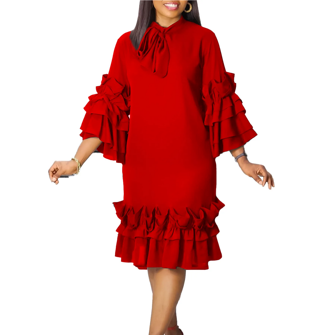Summer Fashion 2024 Africa 3/4 Sleeve Polyester Solid Color Midi Dress