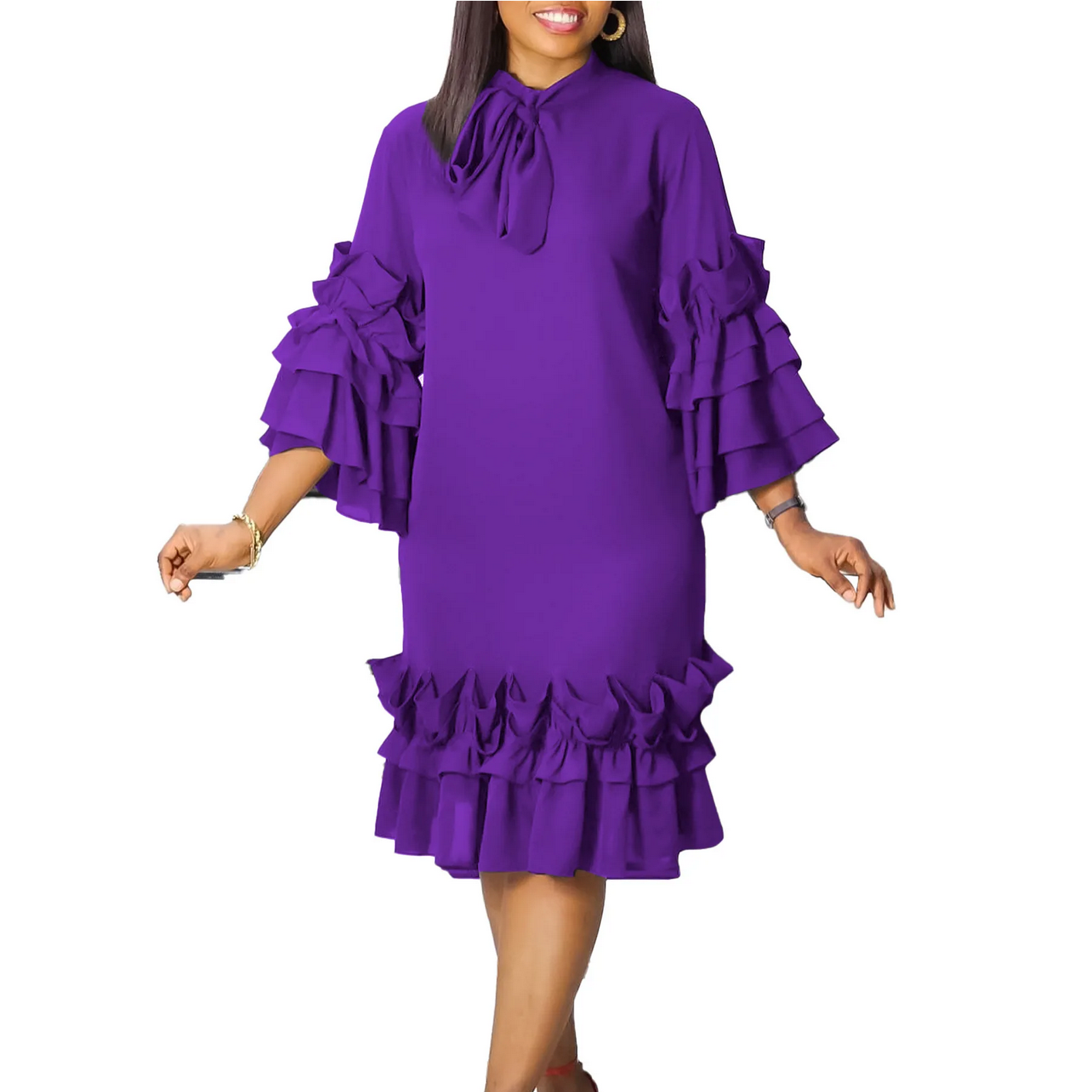 Summer Fashion 2024 Africa 3/4 Sleeve Polyester Solid Color Midi Dress
