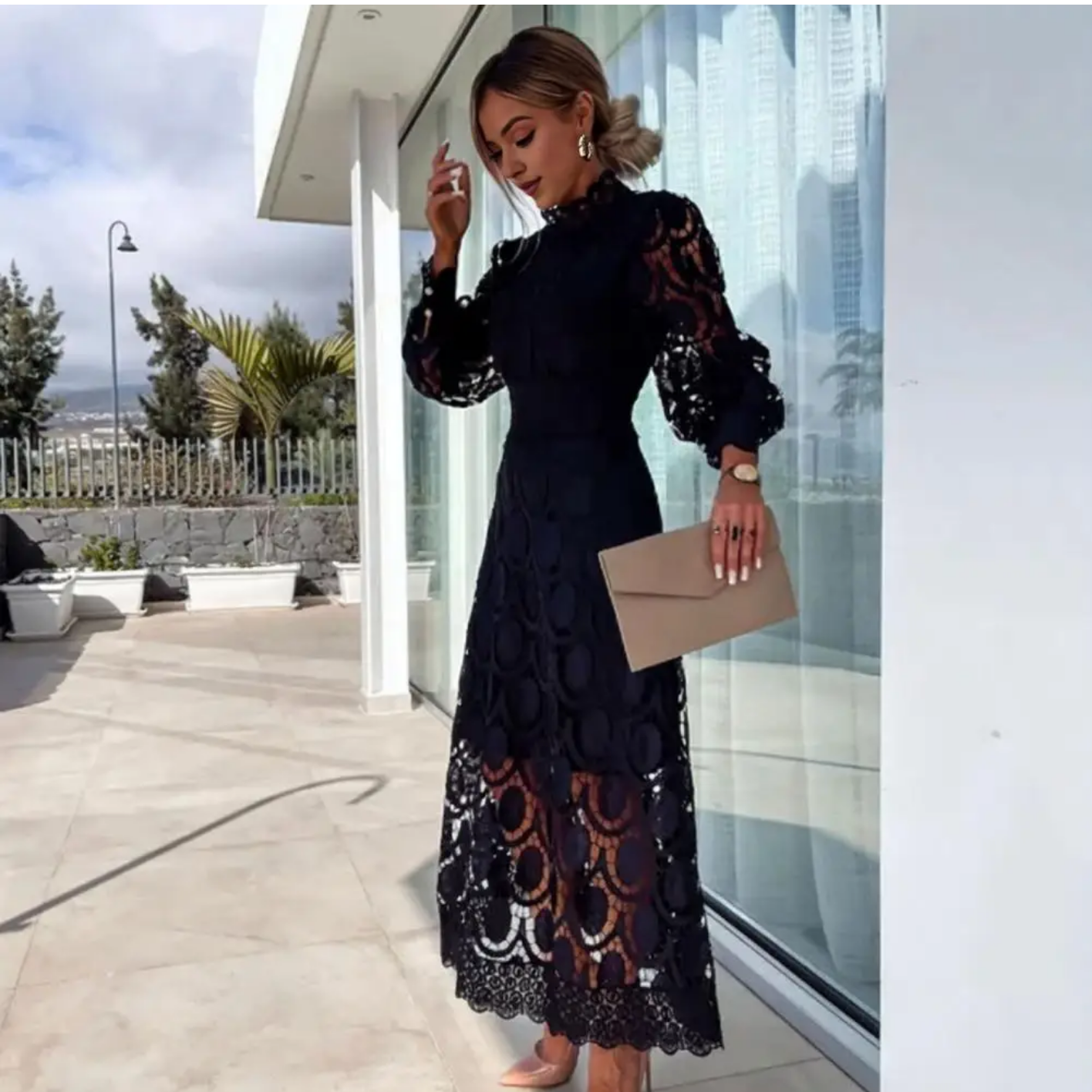 Hollow Lace Stand-up Collar Puff Sleeves Tight Waist See-through Double Layer Solid Color Dress