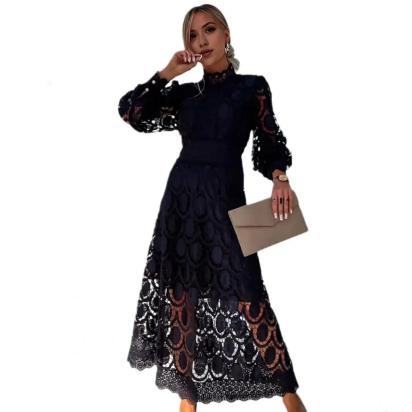 Hollow Lace Stand-up Collar Puff Sleeves Tight Waist See-through Double Layer Solid Color Dress
