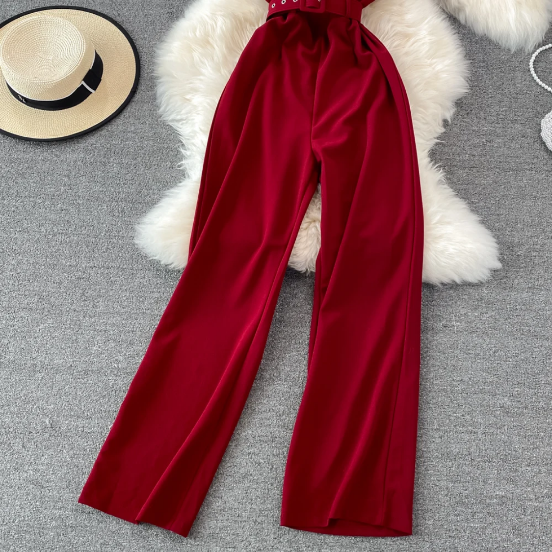 Summer Sexy Red/Orange/Black Sleeveless High Waist V-Neck Wide Leg Jumpsuit