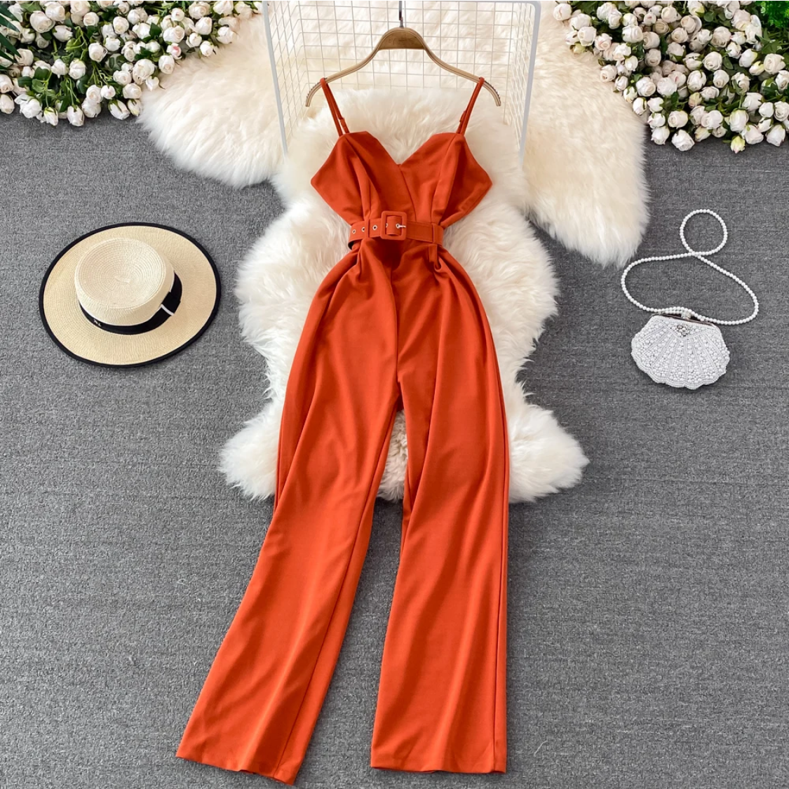 Summer Sexy Red/Orange/Black Sleeveless High Waist V-Neck Wide Leg Jumpsuit