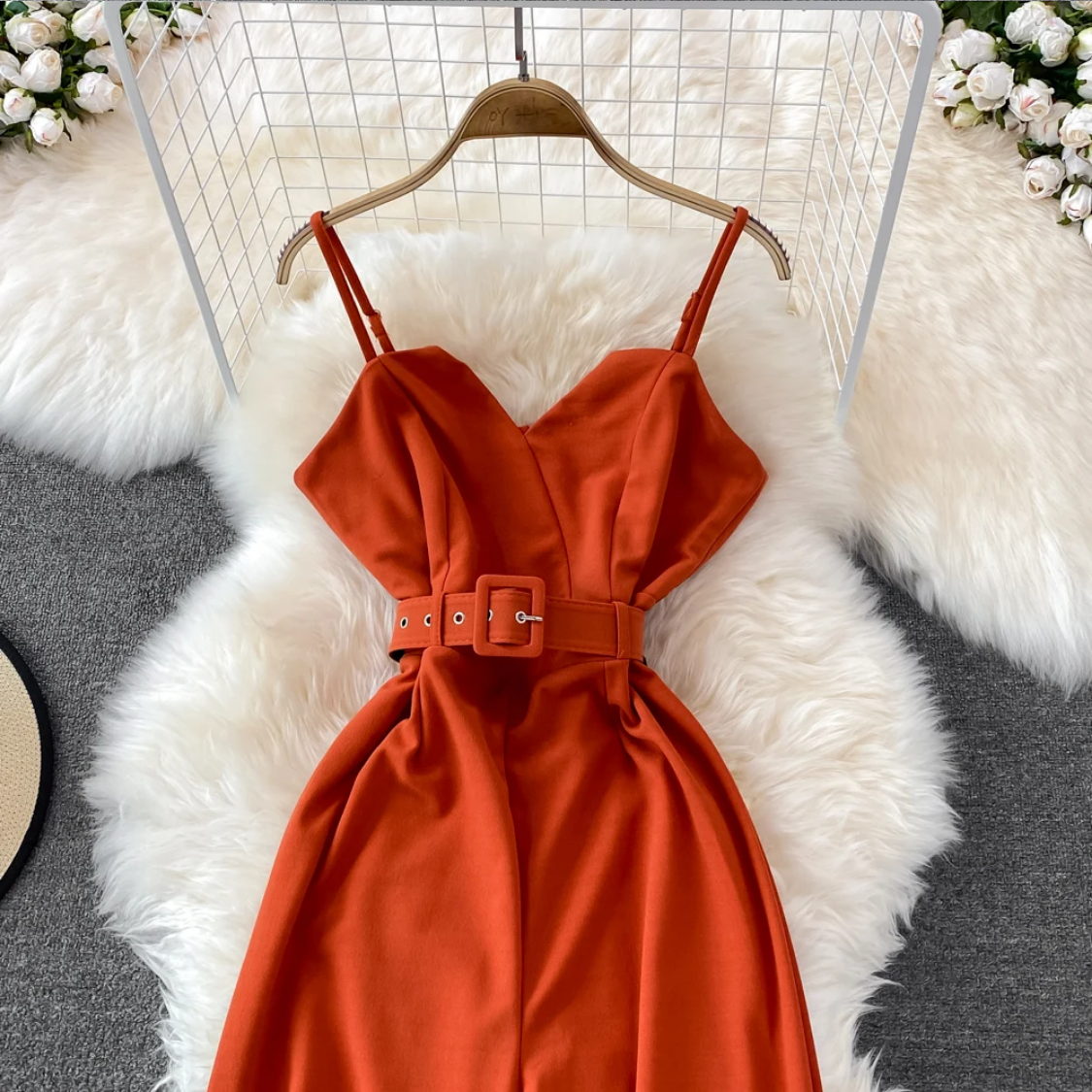 Summer Sexy Red/Orange/Black Sleeveless High Waist V-Neck Wide Leg Jumpsuit