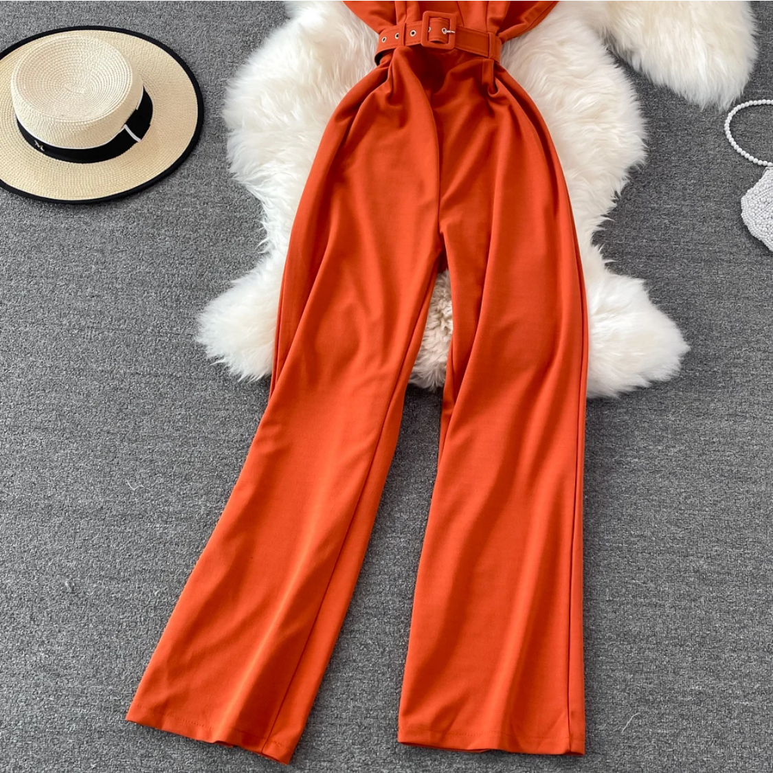 Summer Sexy Red/Orange/Black Sleeveless High Waist V-Neck Wide Leg Jumpsuit