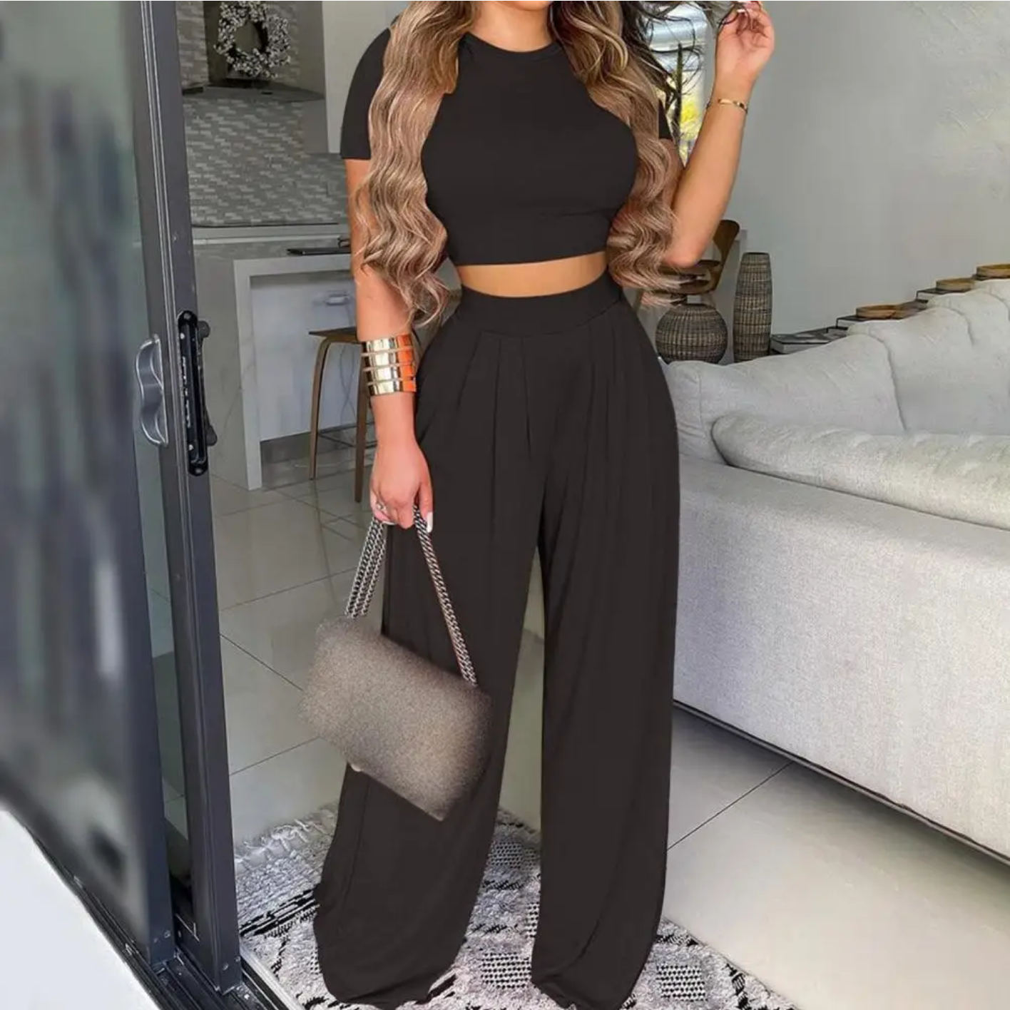 Summer Elegant Fashion O-Neck Slim Tops And Wide Leg Pants Suits