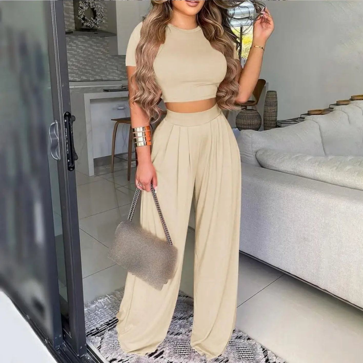 Summer Elegant Fashion O-Neck Slim Tops And Wide Leg Pants Suits