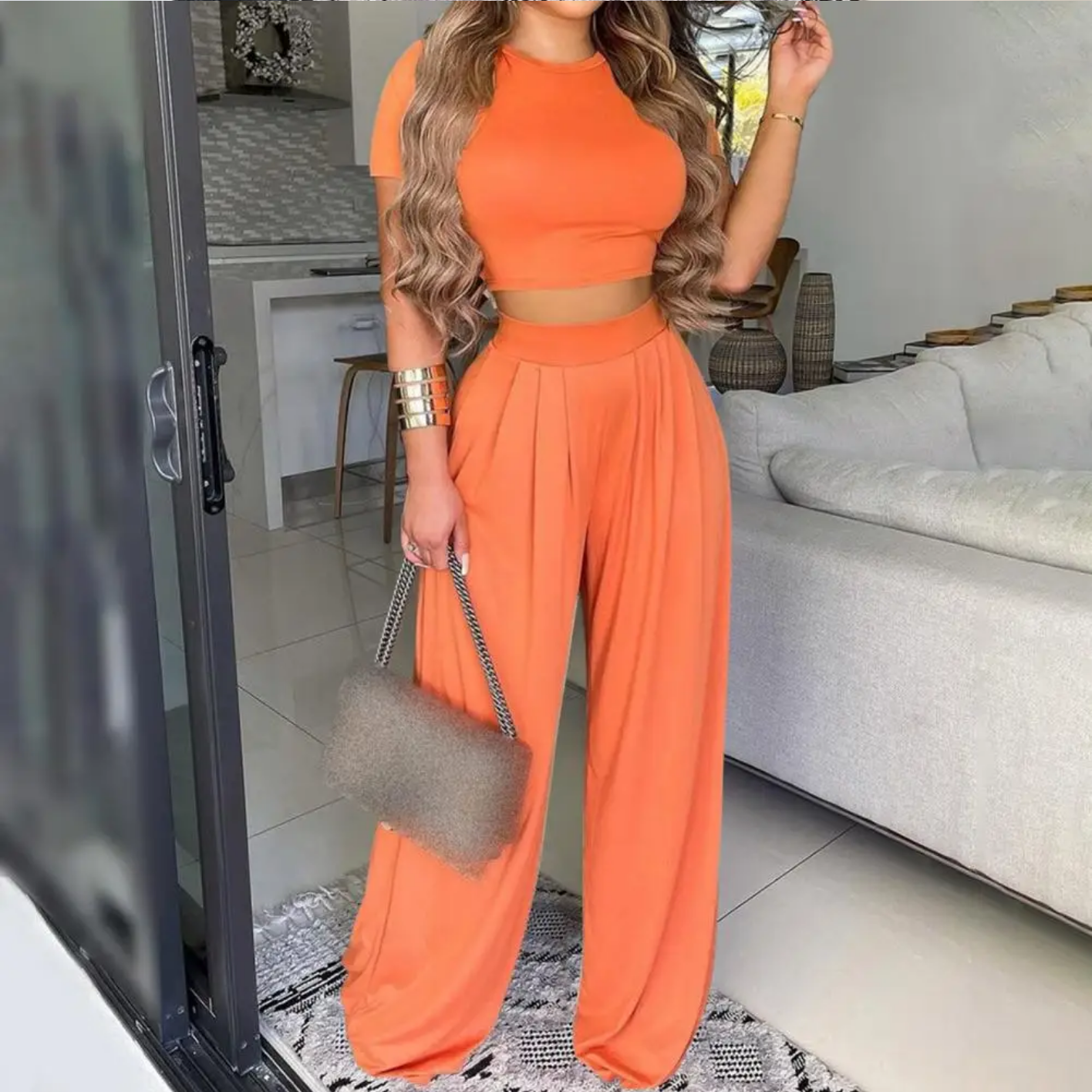 Summer Elegant Fashion O-Neck Slim Tops And Wide Leg Pants Suits
