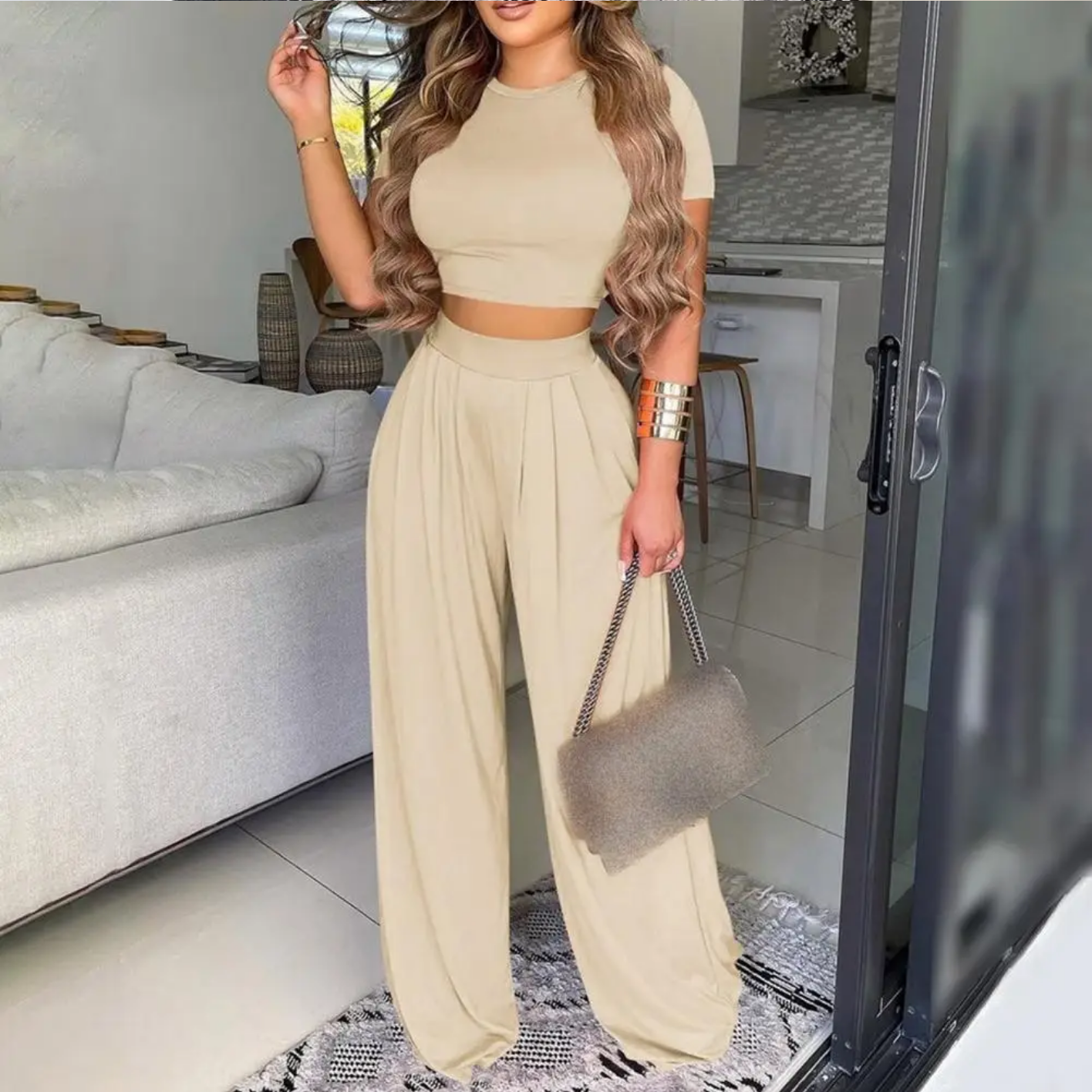 Summer Elegant Fashion O-Neck Slim Tops And Wide Leg Pants Suits