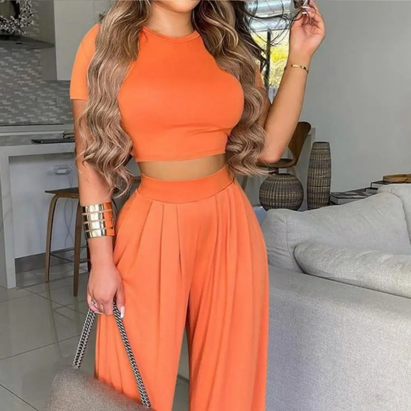 Summer Elegant Fashion O-Neck Slim Tops And Wide Leg Pants Suits