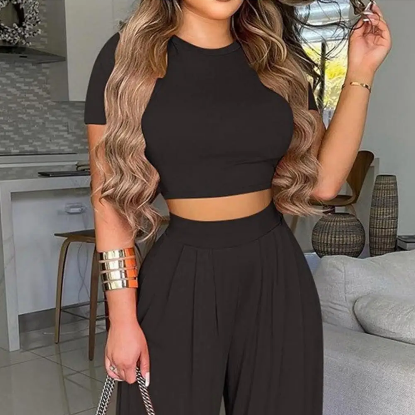 Summer Elegant Fashion O-Neck Slim Tops And Wide Leg Pants Suits