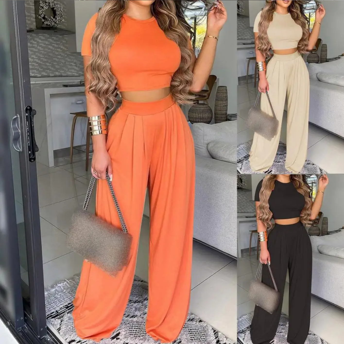 Summer Elegant Fashion O-Neck Slim Tops And Wide Leg Pants Suits