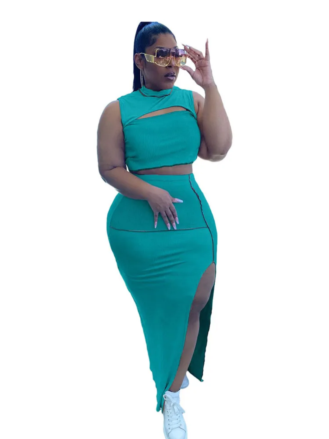 Casual 2 Pieces Set Plus Size Sexy Outfits Tank Crop Top and Bodycon Skirt