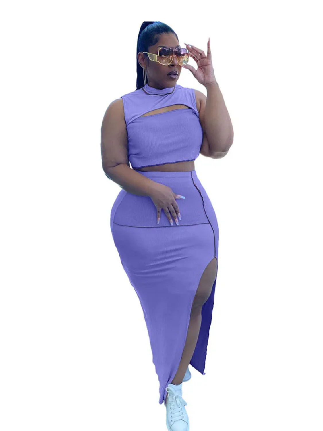 Casual 2 Pieces Set Plus Size Sexy Outfits Tank Crop Top and Bodycon Skirt